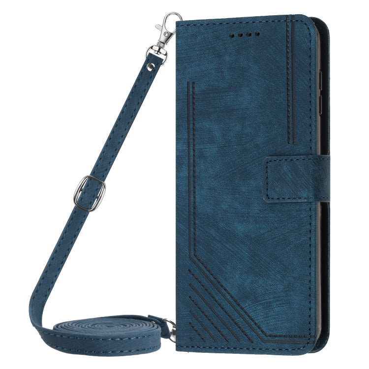 For Motorola Moto G Stylus 5G 2024 Skin Feel Stripe Pattern Leather Phone Case with Long Lanyard(Blue) - Motorola Cases by buy2fix | Online Shopping UK | buy2fix