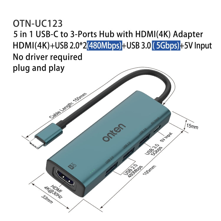Onten UC123 5 in 1 USB-C / Type-C to HDMI + USB3.0 HUB Docking Station with 5V Input - USB HUB by Onten | Online Shopping UK | buy2fix