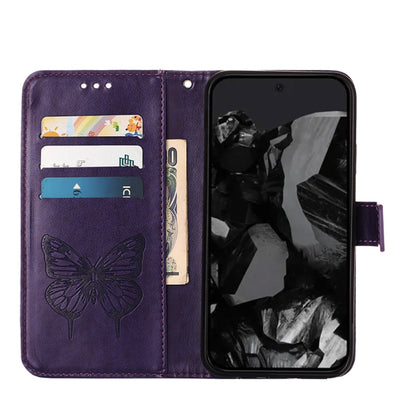 For Google Pixel 9 Pro Embossed Butterfly Leather Phone Case(Dark Purple) - Google Cases by buy2fix | Online Shopping UK | buy2fix