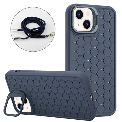 For iPhone 15 Honeycomb Radiating Lens Holder Magsafe Phone Case with Lanyard(Blue) - iPhone 15 Cases by buy2fix | Online Shopping UK | buy2fix