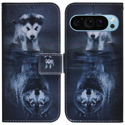 For Google Pixel 9 Coloured Drawing Flip Leather Phone Case(Wolf and Dog) - Google Cases by buy2fix | Online Shopping UK | buy2fix