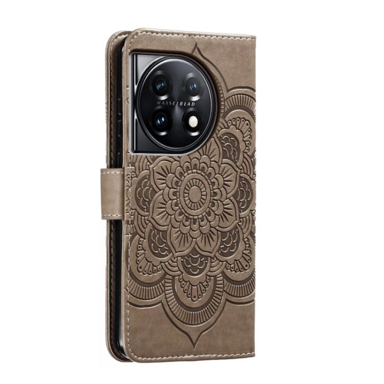 For OnePlus 11 Sun Mandala Embossing Pattern Phone Leather Case(Grey) - OnePlus Cases by buy2fix | Online Shopping UK | buy2fix