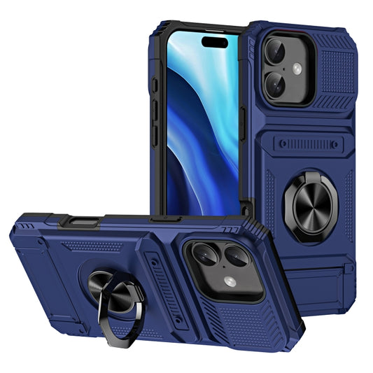 For iPhone 16 TPU+PC Shockproof Card Phone Case with Metal Ring Holder(Blue) - iPhone 16 Cases by buy2fix | Online Shopping UK | buy2fix