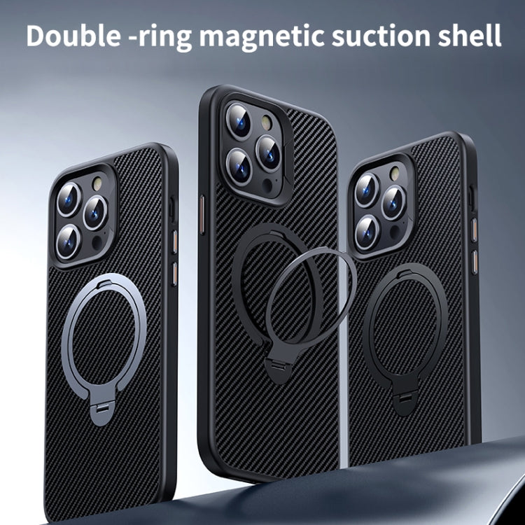 For iPhone 15 Pro Max Double Ring MagSafe Holder Carbon Fibre Phone Case(Black) - iPhone 15 Pro Max Cases by buy2fix | Online Shopping UK | buy2fix