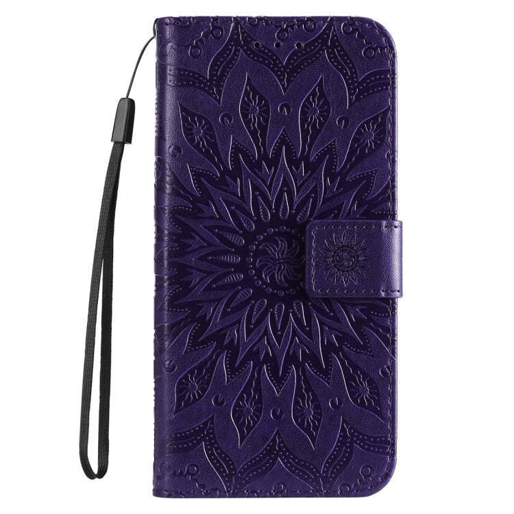 For iPhone 16 Embossed Sunflower Pattern Flip Leather Phone Case(Purple) - iPhone 16 Cases by buy2fix | Online Shopping UK | buy2fix