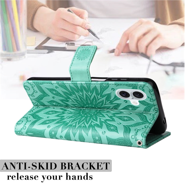 For iPhone 16 Plus Embossed Sunflower Pattern Flip Leather Phone Case(Green) - iPhone 16 Plus Cases by buy2fix | Online Shopping UK | buy2fix