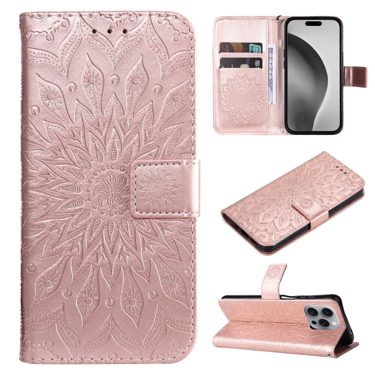 For iPhone 16 Pro Max Embossed Sunflower Pattern Flip Leather Phone Case(Rose Gold) - iPhone 16 Pro Max Cases by buy2fix | Online Shopping UK | buy2fix