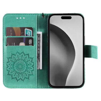 For iPhone 16 Pro Max Embossed Sunflower Pattern Flip Leather Phone Case(Green) - iPhone 16 Pro Max Cases by buy2fix | Online Shopping UK | buy2fix