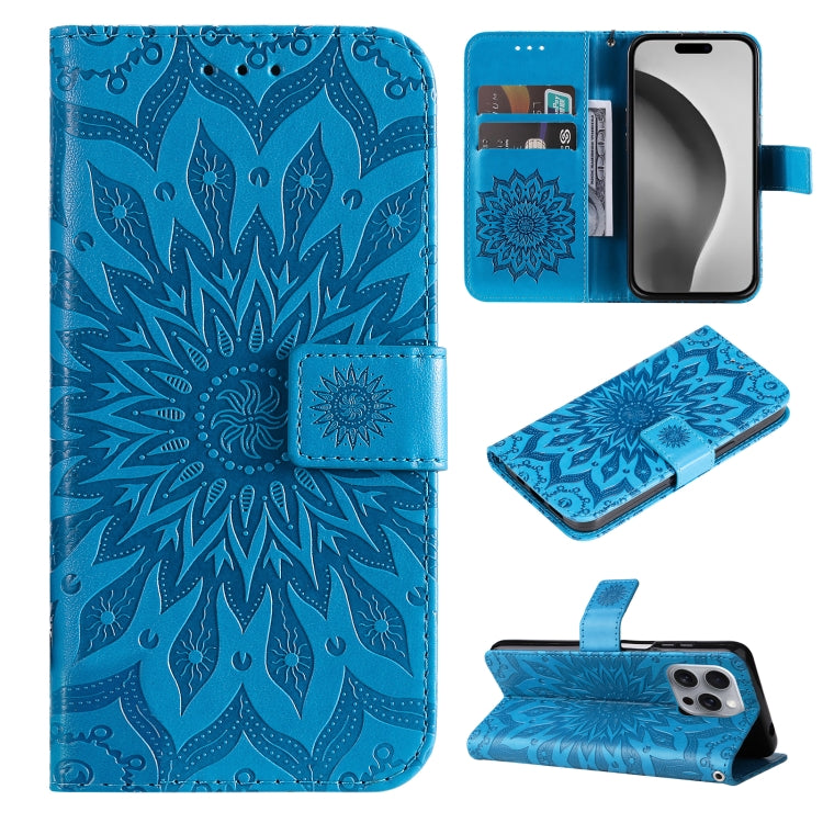 For iPhone 16 Pro Max Embossed Sunflower Pattern Flip Leather Phone Case(Blue) - iPhone 16 Pro Max Cases by buy2fix | Online Shopping UK | buy2fix