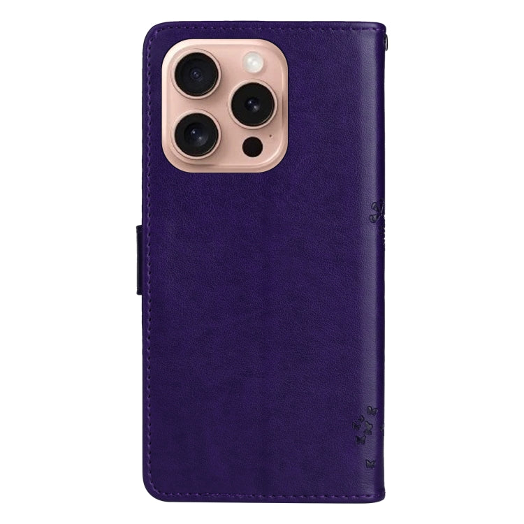 For iPhone 16 Pro Tree & Cat Embossed Pattern Flip Leather Phone Case(Purple) - iPhone 16 Pro Cases by buy2fix | Online Shopping UK | buy2fix