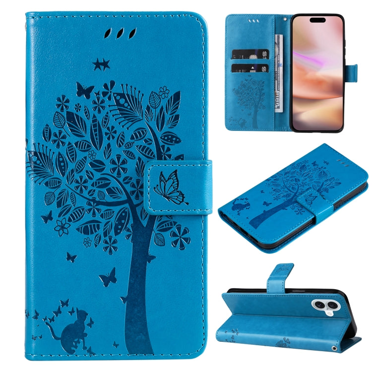 For iPhone 16 Plus Tree & Cat Embossed Pattern Flip Leather Phone Case(Blue) - iPhone 16 Plus Cases by buy2fix | Online Shopping UK | buy2fix