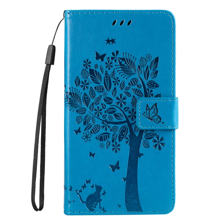 For iPhone 16 Plus Tree & Cat Embossed Pattern Flip Leather Phone Case(Blue) - iPhone 16 Plus Cases by buy2fix | Online Shopping UK | buy2fix