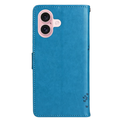 For iPhone 16 Tree & Cat Embossed Pattern Flip Leather Phone Case(Blue) - iPhone 16 Cases by buy2fix | Online Shopping UK | buy2fix