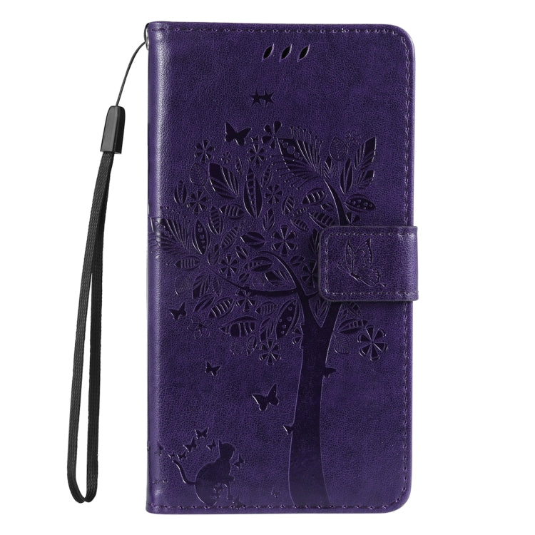 For iPhone 16 Tree & Cat Embossed Pattern Flip Leather Phone Case(Purple) - iPhone 16 Cases by buy2fix | Online Shopping UK | buy2fix