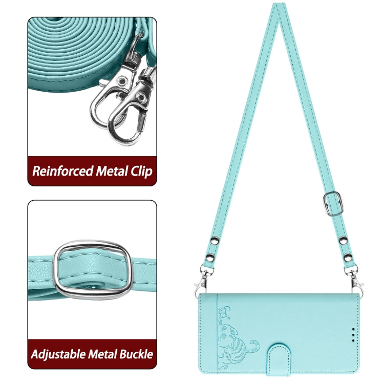 For OPPO Reno11 F 5G Global Cat Rat Embossed Pattern RFID Leather Phone Case with Lanyard(Mint Green) - Reno11 F Cases by buy2fix | Online Shopping UK | buy2fix