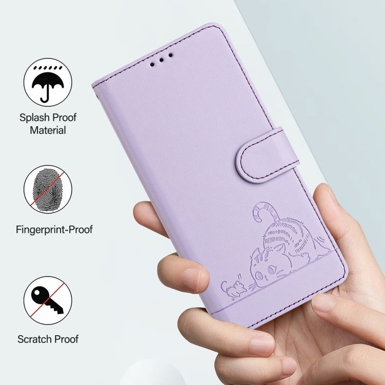 For iPhone SE 2024 Cat Rat Embossed Pattern RFID Leather Phone Case with Lanyard(Purple) - More iPhone Cases by buy2fix | Online Shopping UK | buy2fix