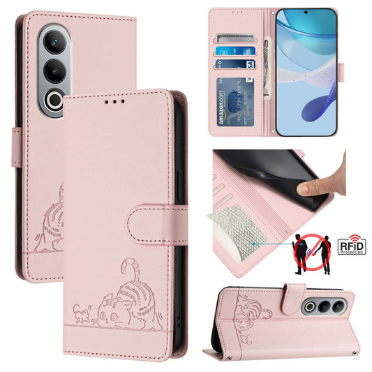 For OnePlus Nord CE4 5G Cat Rat Embossed Pattern RFID Leather Phone Case with Lanyard(Pink) - OnePlus Cases by buy2fix | Online Shopping UK | buy2fix