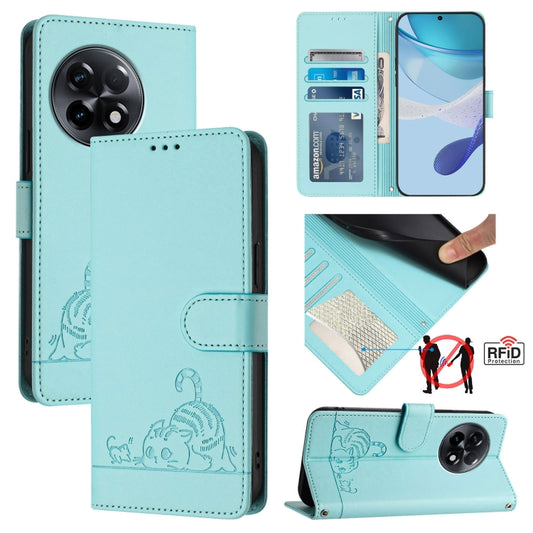 For OnePlus 11R 5G Global Cat Rat Embossed Pattern RFID Leather Phone Case with Lanyard(Mint Green) - OnePlus Cases by buy2fix | Online Shopping UK | buy2fix