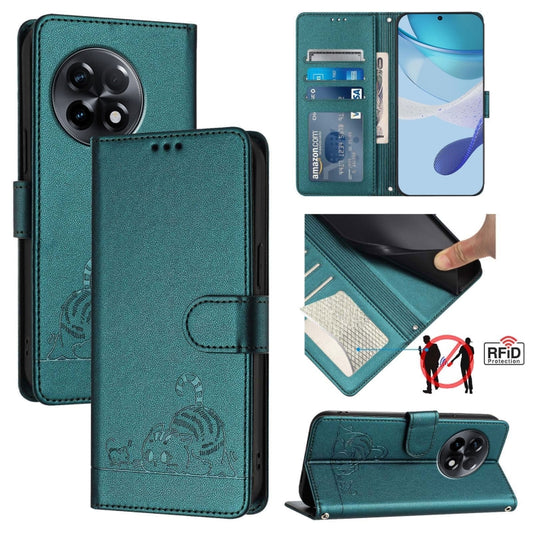 For OnePlus 11R 5G Global Cat Rat Embossed Pattern RFID Leather Phone Case with Lanyard(Peacock Green) - OnePlus Cases by buy2fix | Online Shopping UK | buy2fix