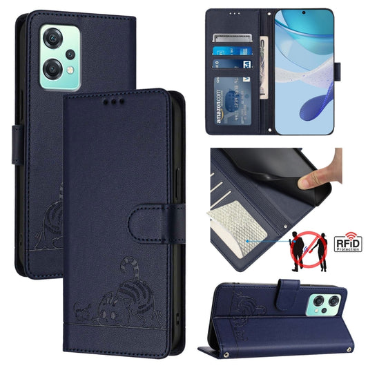 For OnePlus Nord CE 2 Lite Cat Rat Embossed Pattern RFID Leather Phone Case with Lanyard(Blue) - OnePlus Cases by buy2fix | Online Shopping UK | buy2fix