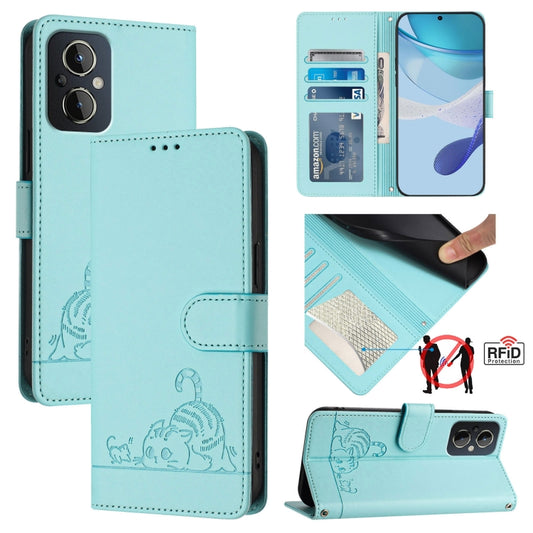 For OnePlus Nord N20 5G Cat Rat Embossed Pattern RFID Leather Phone Case with Lanyard(Mint Green) - OnePlus Cases by buy2fix | Online Shopping UK | buy2fix