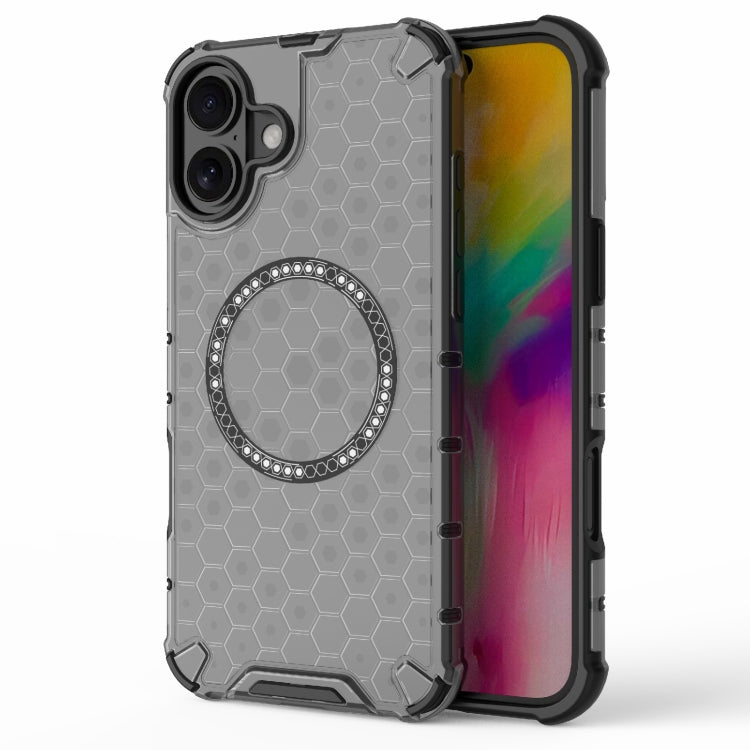 For iPhone 16 Plus Honeycomb Magnetic Ring Shockproof Phone Case(Black) - iPhone 16 Plus Cases by buy2fix | Online Shopping UK | buy2fix