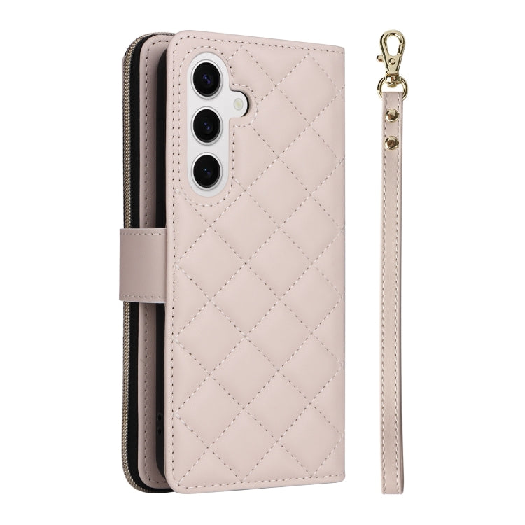 For Samsung Galaxy S25 5G Crossbody Rhombic Zipper Tower Buckle Leather Phone Case with Lanyard(Beige) - Galaxy S25 5G Cases by buy2fix | Online Shopping UK | buy2fix