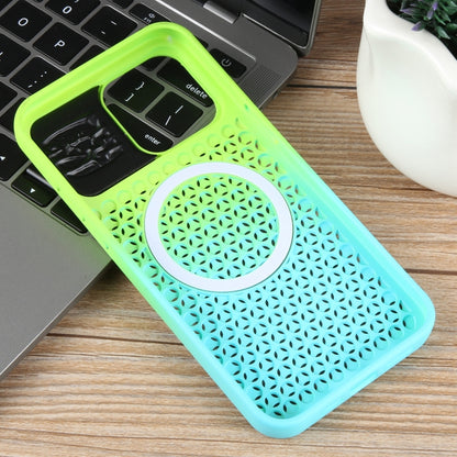 For iPhone 15 Gradient Color Honeycomb Aromatherapy MagSafe Phone Case(Green Blue) - iPhone 15 Cases by buy2fix | Online Shopping UK | buy2fix