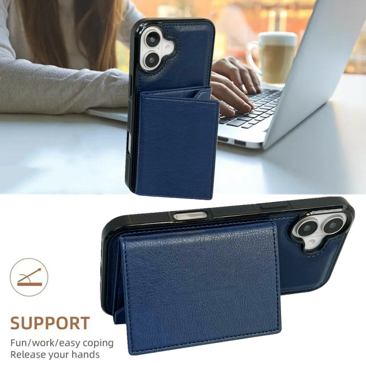 For iPhone 16 Plus Solid Color Metal Buckle Card Slots Bag Phone Case(Blue) - iPhone 16 Plus Cases by buy2fix | Online Shopping UK | buy2fix