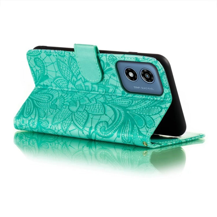 For Motorola Moto G Play 2024 Lace Flower Embossing Flip Leather Phone Case(Green) - Motorola Cases by buy2fix | Online Shopping UK | buy2fix