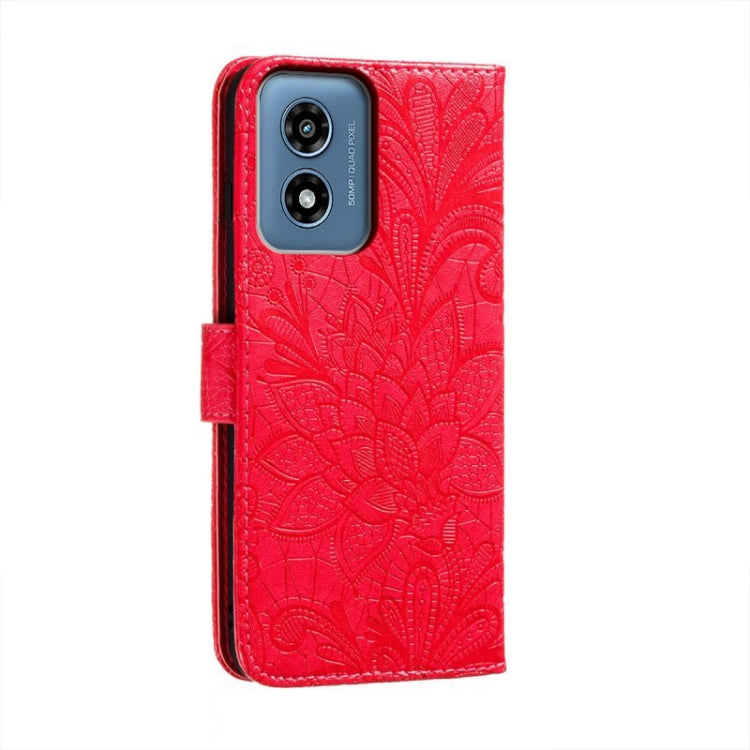 For Motorola Moto G Play 2024 Lace Flower Embossing Flip Leather Phone Case(Red) - Motorola Cases by buy2fix | Online Shopping UK | buy2fix