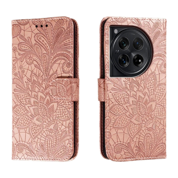 For OnePlus 12 Lace Flower Embossing Flip Leather Phone Case(Rose Gold) - OnePlus Cases by buy2fix | Online Shopping UK | buy2fix