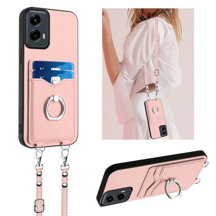 For Motorola Moto G 5G 2024 R20 Crossbody Rope Ring Card Holder Phone Case(Pink) - Motorola Cases by buy2fix | Online Shopping UK | buy2fix