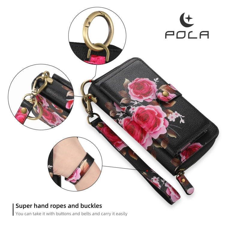 For iPhone 14 POLA MagSafe Flower Multi-functional Zipper Wallet Leather Phone Case(Black) - iPhone 14 Cases by buy2fix | Online Shopping UK | buy2fix