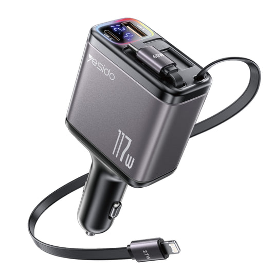 Yesido Y63 4 in 1 117W USB-C / Type-C+USB Multifunctional Retractable Dual Line Digital Display Car Fast Charger(Black) - Car Charger by Yesido | Online Shopping UK | buy2fix