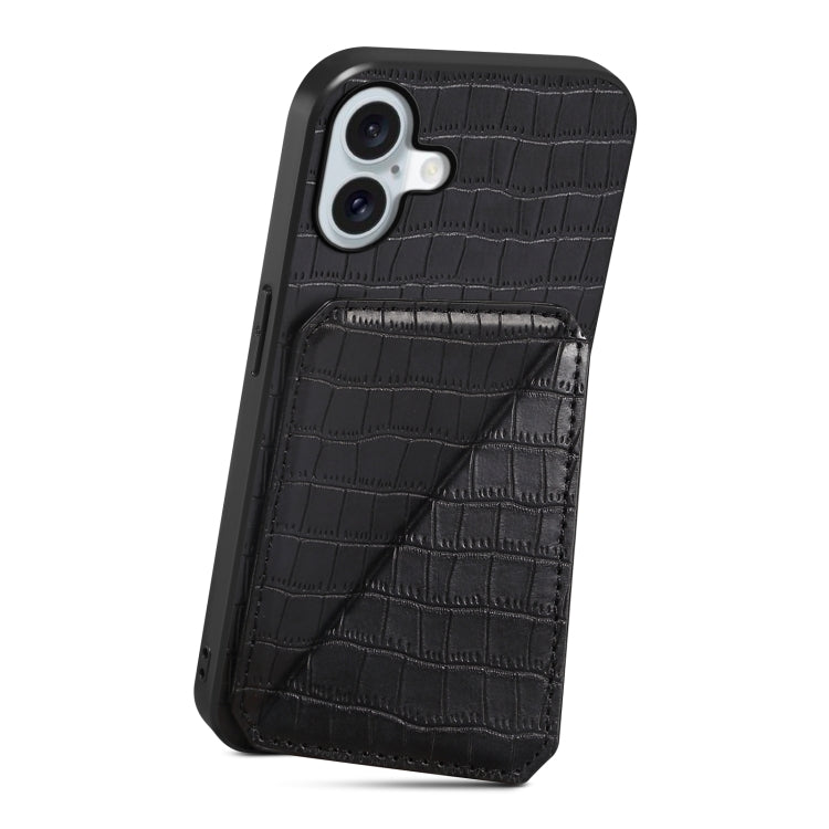 For iPhone 16 Plus Imitation Crocodile Leather Back Phone Case with Holder(Black) - iPhone 16 Plus Cases by buy2fix | Online Shopping UK | buy2fix