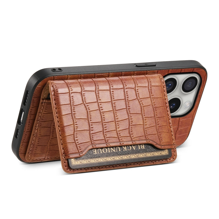 For iPhone 16 Pro Crocodile Texture Card Bag Design Full Coverage Phone Case(Brown) - iPhone 16 Pro Cases by buy2fix | Online Shopping UK | buy2fix