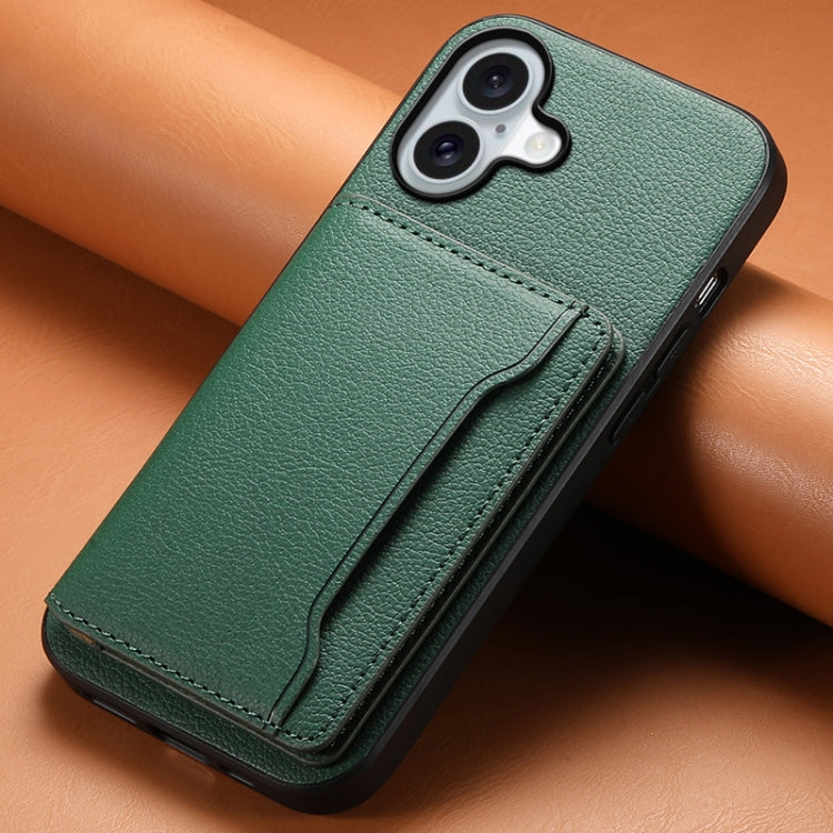 For iPhone 16 Plus Calf Texture Card Bag Design Full Coverage Phone Case(Green) - iPhone 16 Plus Cases by buy2fix | Online Shopping UK | buy2fix