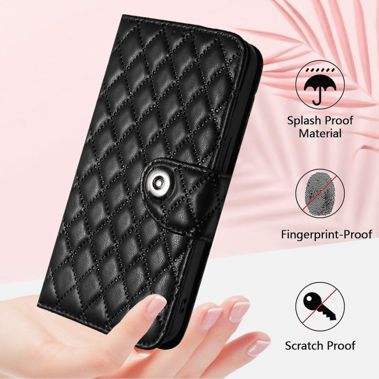 For Redmi K70 Ultra 5G Global Rhombic Texture Flip Leather Phone Case with Lanyard(Black) - Xiaomi Cases by buy2fix | Online Shopping UK | buy2fix