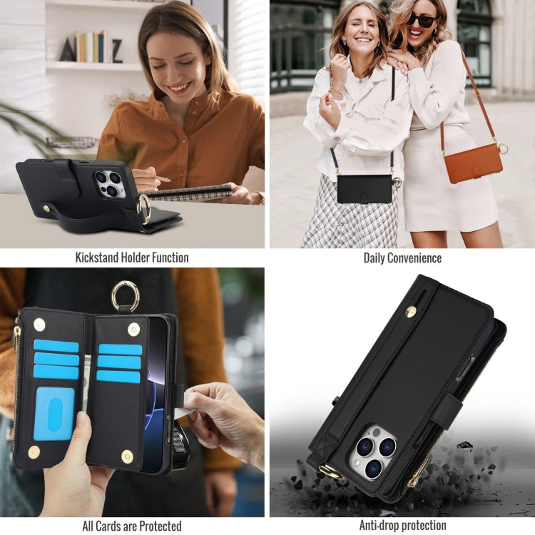 For iPhone 16 Pro Max Crossbody Ring Multifunctional Wallet Leather Phone Case(Black) - iPhone 16 Pro Max Cases by buy2fix | Online Shopping UK | buy2fix