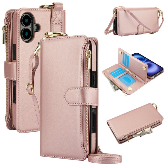 For iPhone 16 Crossbody Ring Multifunctional Wallet Leather Phone Case(Rose Gold) - iPhone 16 Cases by buy2fix | Online Shopping UK | buy2fix