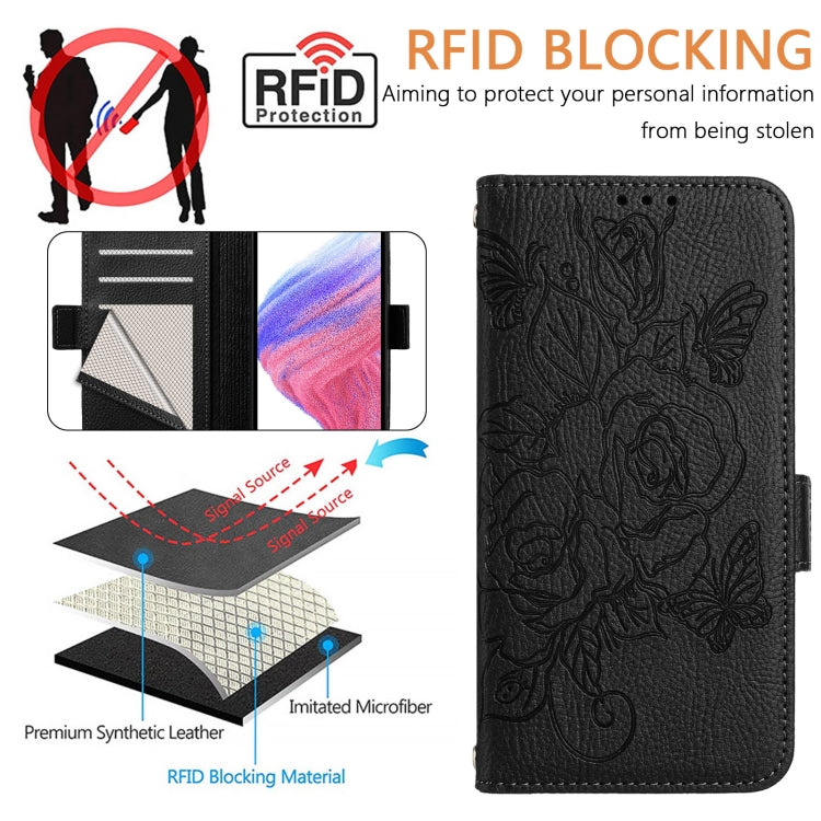 For iPhone SE 2024 Embossed Rose RFID Anti-theft Leather Phone Case(Black) - More iPhone Cases by buy2fix | Online Shopping UK | buy2fix