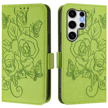 For Samsung Galaxy S25 Ultra 5G Embossed Rose RFID Anti-theft Leather Phone Case(Green) - Galaxy S25 Ultra 5G Cases by buy2fix | Online Shopping UK | buy2fix