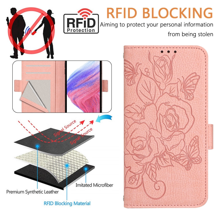 For OnePlus 11 Embossed Rose RFID Anti-theft Leather Phone Case(Pink) - OnePlus Cases by buy2fix | Online Shopping UK | buy2fix