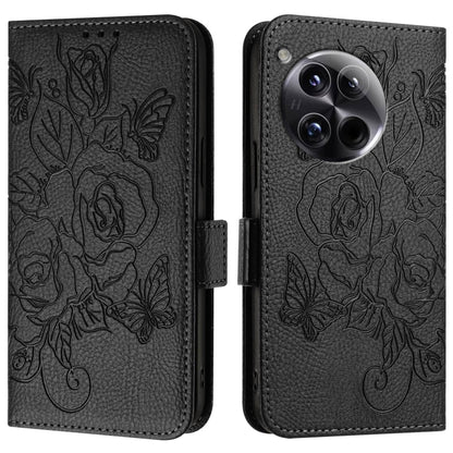 For OnePlus 12 5G Embossed Rose RFID Anti-theft Leather Phone Case(Black) - OnePlus Cases by buy2fix | Online Shopping UK | buy2fix