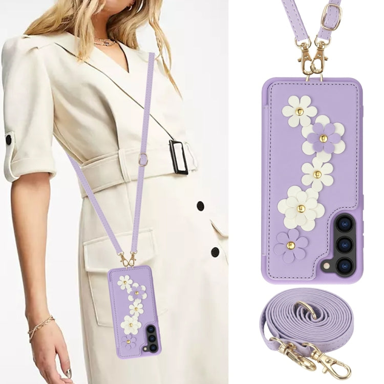 For Samsung Galaxy S25+ 5G Crossbody Flower Pattern Leather Phone Case(Purple) - Galaxy S23+ 5G Cases by buy2fix | Online Shopping UK | buy2fix