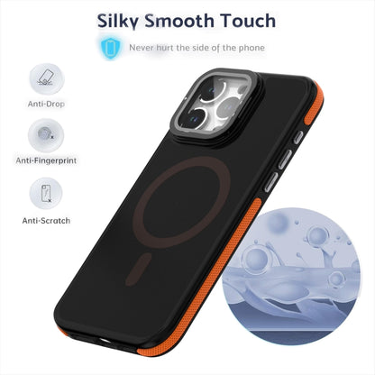 For iPhone 16 Pro Max Magsafe Dual-Color Skin Feel Lens Film Phone Case with Lens Fold Holder(Orange) - iPhone 16 Pro Max Cases by buy2fix | Online Shopping UK | buy2fix