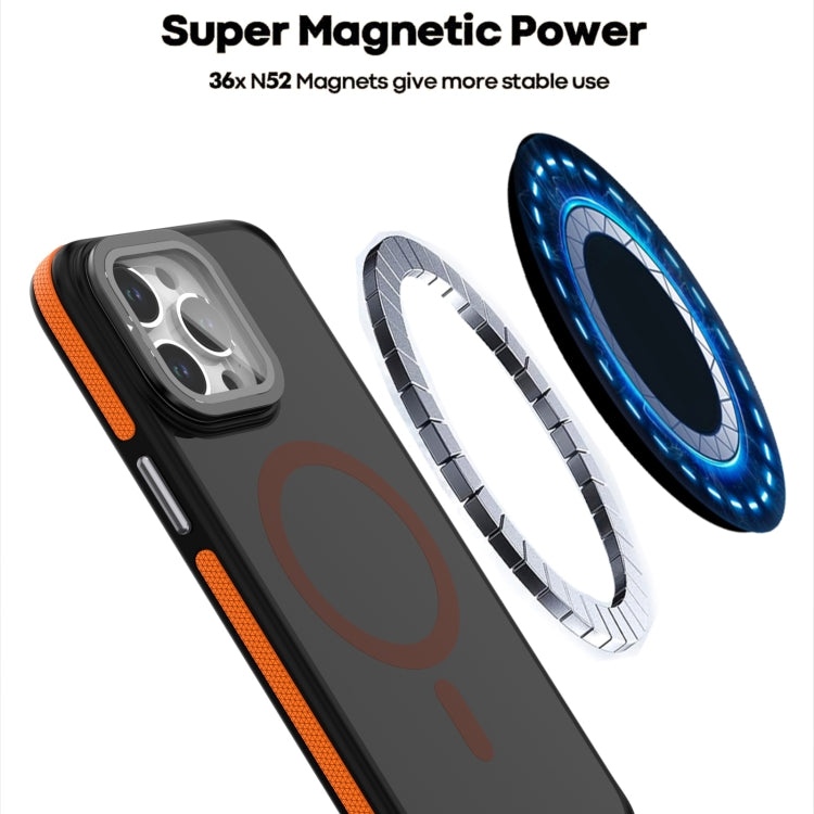 For iPhone 16 Pro Max Magsafe Dual-Color Skin Feel Lens Film Phone Case with Lens Fold Holder(Orange) - iPhone 16 Pro Max Cases by buy2fix | Online Shopping UK | buy2fix