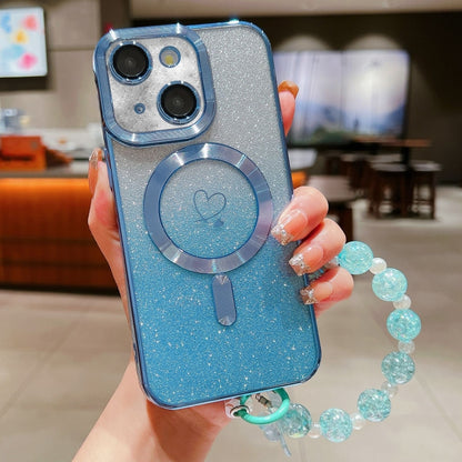 For iPhone 14 Loves Gradient Glitter Bracelets Carbon Fiber Magsafe TPU Phone Case(Blue) - iPhone 14 Cases by buy2fix | Online Shopping UK | buy2fix