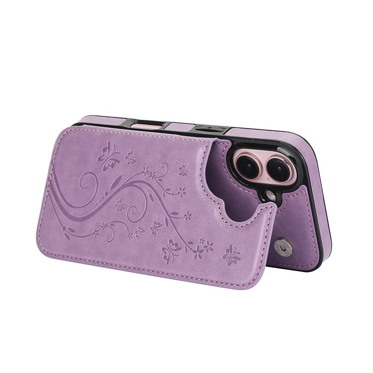 For iPhone 16 Plus Double Buckle Butterfly Embossing PU Phone Case(Purple) - iPhone 16 Plus Cases by buy2fix | Online Shopping UK | buy2fix